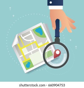 hand holding the magnifying glass and pin location icon and map vector, the concept of travel 