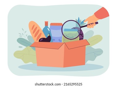 Hand Holding Magnifying Glass To Research Food Products. Person Testing Packaging And Bottles Flat Vector Illustration. Safety, Nutrition Concept For Banner, Website Design Or Landing Web Page