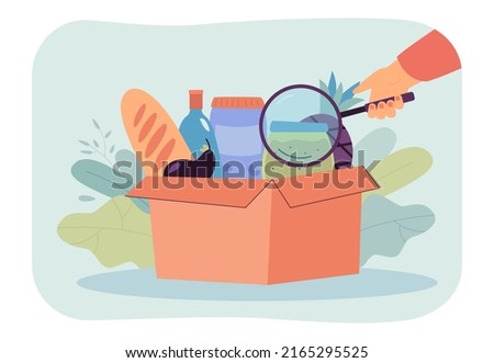 Hand holding magnifying glass to research food products. Person testing packaging and bottles flat vector illustration. Safety, nutrition concept for banner, website design or landing web page Stock photo © 