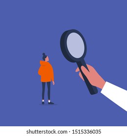 Hand holding a magnifying glass. Scale up. HR management. Looking for an employee. Conceptual business illustration. Flat editable vector illustration, clip art