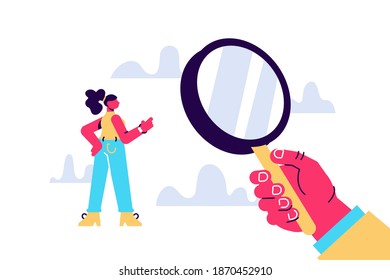 Hand holding a magnifying glass. Scale up. HR management. Looking for an employee. Conceptual business illustration. Flat editable vector illustration, clip art