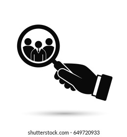 Hand holding magnifying glass for search a man employee or candidate icon. Vector black illustration.