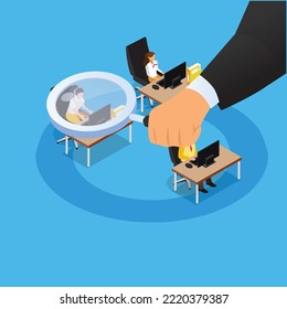 Hand holding a magnifying glass searching through workers isometric 3d vector illustration concept for banner, website, illustration, landing page, flyer, etc.