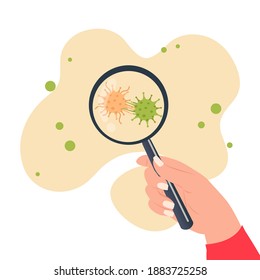 Hand Holding A Magnifying Glass To See Corona Virus Mutation. Covid-19 Research Update. Flat Vector Design.