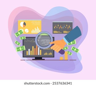 Hand holding magnifying glass to see financial chart or graph on computer monitor. Business analysis and financial management  concept.