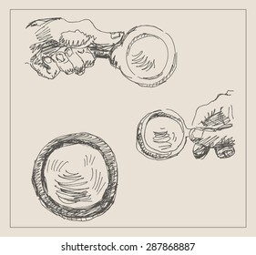 Hand Holding Magnifying Glass Set, In Etching Sketch Hand Drawing Style, For Detective Investigation And Research Design