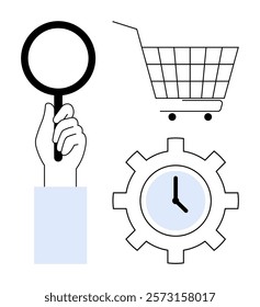 Hand holding magnifying glass, shopping cart with wheels, and gear with clock in center. Ideal for business processes, time management, shopping, search optimization, productivity. Minimalist