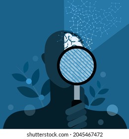 Hand holding a magnifying glass showing the digital imprints of the neural networks of the brain