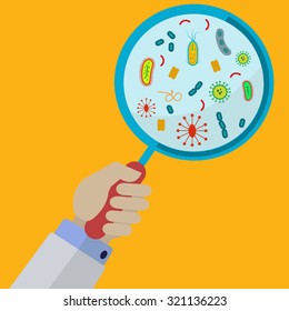 Hand Holding Magnifying Glass Showing Viruses And Bacteria Vector Illustration