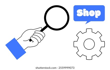 A hand holding a magnifying glass, a speech bubble with the text Shop, and a gear symbol. Ideal for business, commerce, technology, e-commerce, and search functionalities. Minimalist, flat, colorful