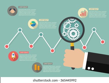 Hand Holding Magnifying Glass With Stock Market Graph Infographic. Data Analysis