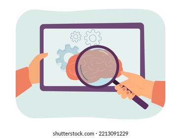 Hand holding magnifying glass to study brain on phone screen. Research of health and persons mind flat vector illustration. Medicine, psychology concept for banner, website design or landing web page