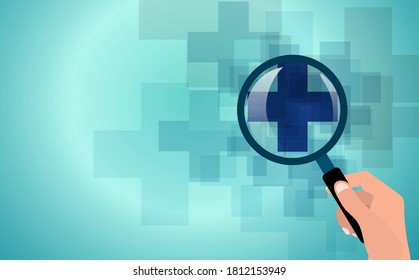 hand holding a magnifying glass. vector illustration in flat design on blue background
