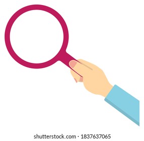 Hand holding magnifying glass vector illustration / female