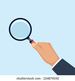 hand holding magnifying glass. vector flat style illustration