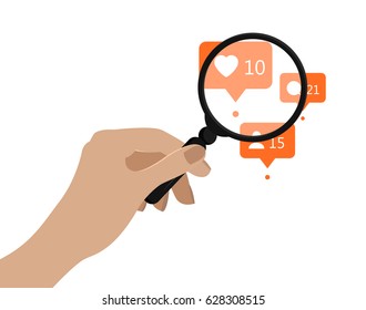 Hand holding magnifying glass. Vector illustration. Social media analytics concept. Orange notification icons under magnifying glass. Isolated on white.