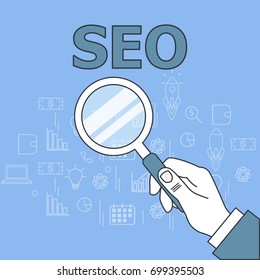hand holding a magnifying glass. vector illustration in flat design on blue background