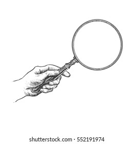 Hand holding magnifying glass. Vintage Victorian Era Engraving style crosshatch hatching paper painting retro vector lineart hand drawn illustration