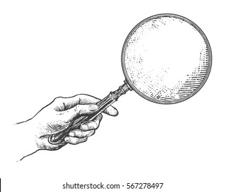 Hand holding magnifying glass. Vintage Victorian Era Engraving style retro vector lineart Hand drawn illustration