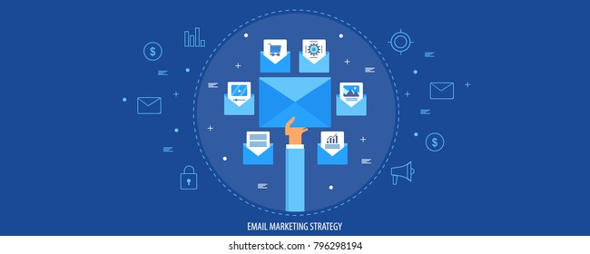 Hand holding mail envelope, Email marketing strategy flat design concept with icons
