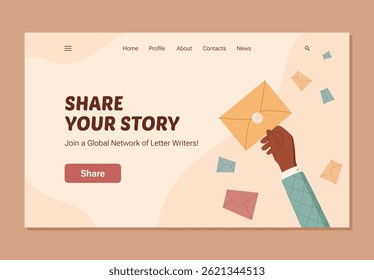 Hand holding a mail envelope in a modern creative style. Online communication with feedback and review focus. Message sharing concept for survey, customer opinion, and marketing support.