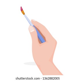 Hand holding makeup brush. Idea of beauty and cosmetic. Doing make up using special tool. Isolated vector illustration in cartoon style