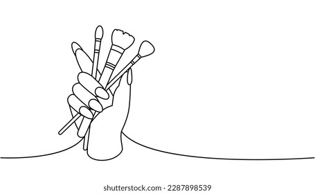 Hand holding makeup brushes  hand and beauty brushes one line continuous drawing  Makeup   beauty tools continuous one line illustration 