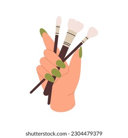 Hand holding makeup brushes, hand with beauty brushes icon. Makeup and beauty tools silhouette. Vector illustration.