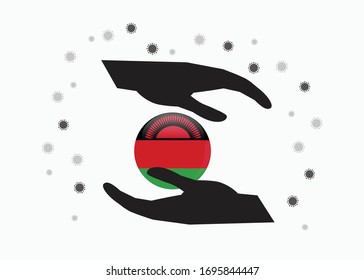 Hand holding Malawi flag in cycle symbol, Protect Malawian people from coronavirus or COVID-19 concept, Save malawi, sign symbol background, vector illustration. 
