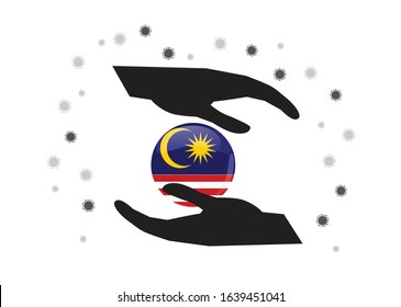 Hand holding malaysia flag in cycle symbol, Protect malaysian people form coronavirus  or COVID-19 concept, Save malaysia, sign symbol background, vactor illustration.