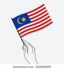 Hand holding Malaysia flag in line art drawing style. Malaysia hand Flag waving. Vector illustration