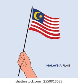 Hand holding Malaysia flag in line art drawing style. Malaysia hand Flag waving. Vector illustration