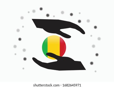 Hand holding Mali flag in cycle symbol, Protect Malian people from coronavirus or COVID-19 concept, Save Mali, sign symbol background, vector illustration. 