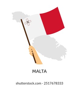 La mano sostiene la bandera nacional de Malta en la silueta del mapa