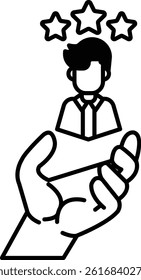 A hand is holding a man in a shirt and tie