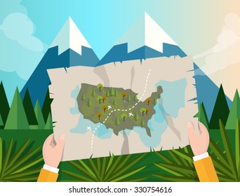 hand holding map america tracking hunting in forest mountain tree vector graphic illustration cartoon jungle mountain