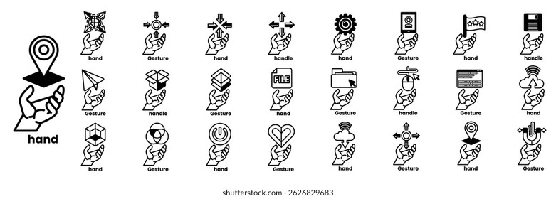 A hand holding a map with a dot on it. The hand is holding a bunch of other things, including a heart, a cross, a file, a credit card, and a plane in line drawing style