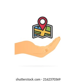 Hand holding map gps. Realistic hand. White background. Vector illustration.