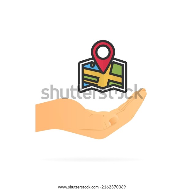 Hand holding map gps. Realistic hand. White\
background. Vector\
illustration.