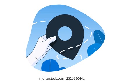 Hand holding map marker. Simple outline style. Vector illustration
