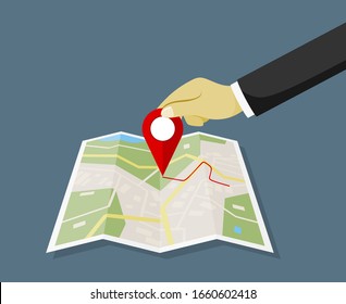 Hand Holding Map Point Pin. Map Paper. Search On Map.  