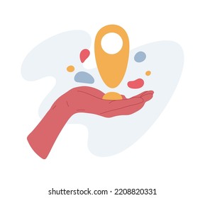 Hand holding map point pin, travel route concept. Human hand hold map pin, searching location cartoon vector symbols illustration. Map pin in hand palm