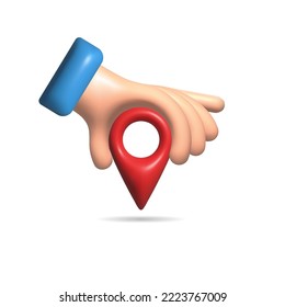 Hand holding map point pin. Mark location icon. 3D icon red pin. Vector Illustration 3D rendering design. Realistic location map.  Pin GPS pointer marker. Isolated on white background.