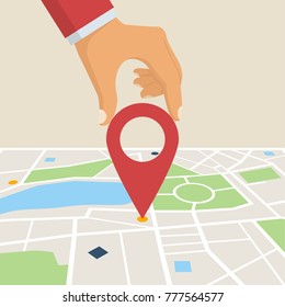 Hand holding map point pin. Map paper. Search on map. Paving route. Vector Illustration in flat design.  Isolated on white background.

