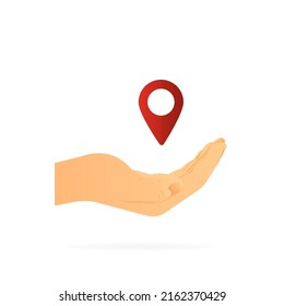 Punto de mapa de retención manual. Mano realista. Fondo blanco. Ilustración vectorial.