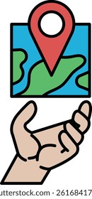 A hand is holding a map with a red and green pin on it. The map is of the world and the hand is pointing to a specific location