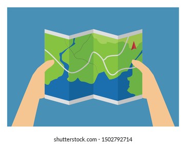 Hand holding a map sheet. Simple illustration