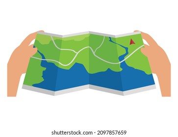 Hand holding a map sheet. Simple flat illustration in perspective view.