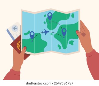 Mano sosteniendo un mapa, boleto y pasaporte para viajar o viajar. Ilustración vectorial de viajar alrededor del mundo.