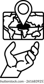 A hand is holding a map of the world with a dot on it